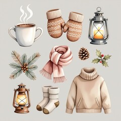 Winter icons set with knitted scarf, hat, mittens, cup of hot drink, candle and fir branches isolated