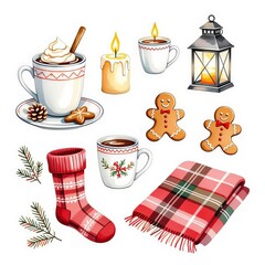 Winter icons set with knitted scarf, hat, mittens, cup of hot drink, candle and fir branches isolated