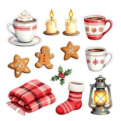 Winter icons set with knitted scarf, hat, mittens, cup of hot drink, candle and fir branches isolated