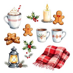 Winter icons set with knitted scarf, hat, mittens, cup of hot drink, candle and fir branches isolated