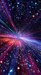 Obraz premium Hyperspace jump through a luminous tunnel, flying past stars at lightspeed with streaking motion, evoking abstract spaceship travel and sci-fi light-speed acceleration.