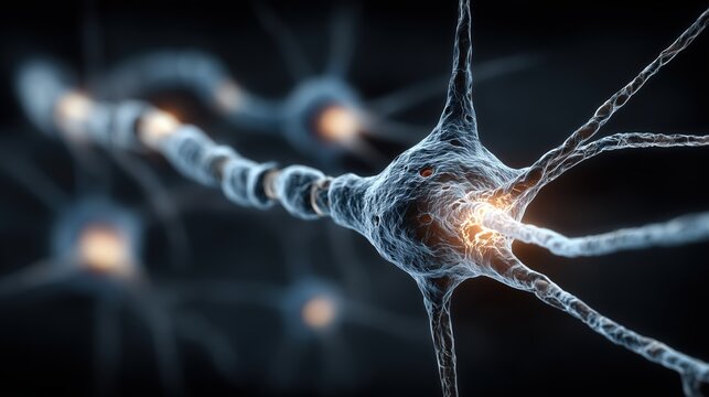Microscopic view of active blue neurons with glowing orange synapses.

