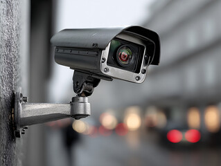 a surveillance camera mounted on a wall, with a blurred background featuring colorful lights.