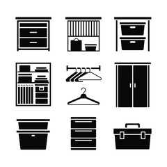 Black and white icons depicting various furniture pieces for storage