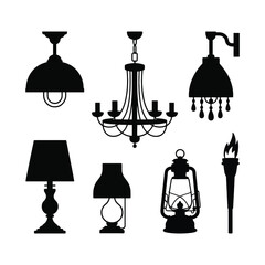 Various styles of antique and modern lighting fixtures in black silhouette