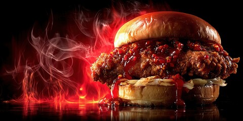 Spicy fried chicken burger with red chili sauce and fiery smoke background.

