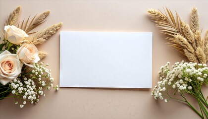 Elegant stationery mock-up with roses and wheat for wedding invitations or branding showcases, offering space for your personalized message or design