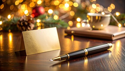Stylish holiday season stationery with elegant pen and warm bokeh lights creating a festive, inviting atmosphere for seasonal greetings and messages