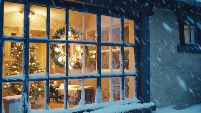 A peaceful winter scene showing a snow-covered house exterior with warm Christmas lights and festive decorations glowing through the window as snow gently falls outside.