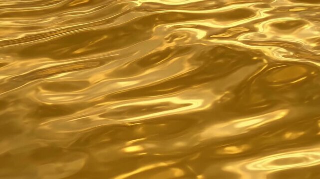 A mesmerizing close-up of a shimmering golden liquid surface, exhibiting gentle, fluid ripples and waves. The rich, metallic texture reflects light beautifully, creating dynamic highlights and shadows