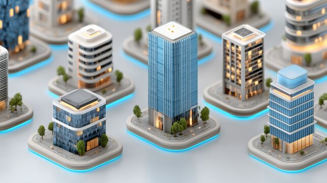 Isometric 3D render of miniature modern city skyscrapers with glowing blue platform bases.

