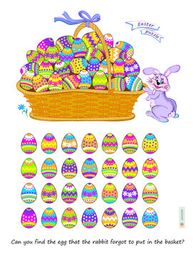 Can you find the egg that the rabbit forgot to put in the basket? Find and search game. Logic puzzle for children and adults. Brain teaser book. Task for attentiveness. Hand drawn vector illustration