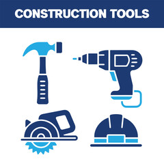 Fototapeta premium Hammer, Drill, Circular Saw, and Hard Hat Glyph Icons.
