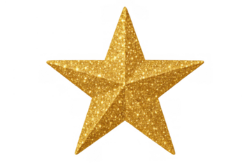 Gold glitter five-pointed star on transparent background representing success, achievement, celebration, and festive seasons