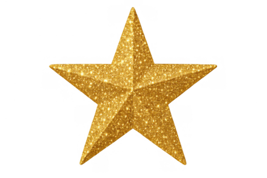 Gold glitter five-pointed star on transparent background representing success, achievement, celebration, and festive seasons