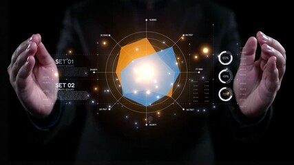 A person presenting a 3D data visualization using hands, featuring charts and analytics seamlessly integrated into a dark background, symbolizing technology and innovation. Qubit - Powered by Adobe