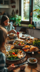 A warm and inviting scene of a family enjoying a home-cooked meal together around a wooden table filled with a variety of dishes, bathed in soft natural light.