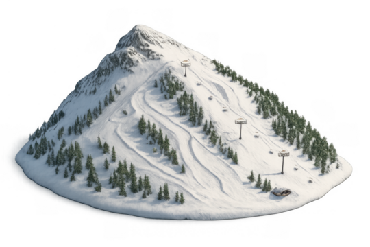Ski resort mountain with snow-covered slopes, evergreen trees, and ski lifts, isolated on transparent background