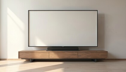 Modern home living room interior features large flat screen TV with blank white display. Television sits on sleek wooden media console cabinet. Bright sunlight shines on wall, wooden floor. Room