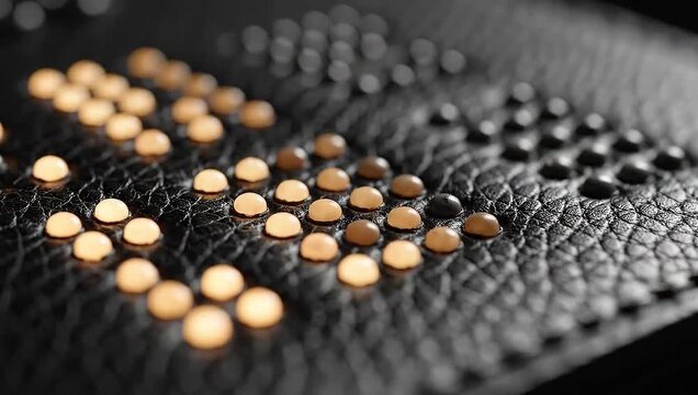 Close-up of Braille embossed symbols glowing subtly on black leather for Braille Day.
