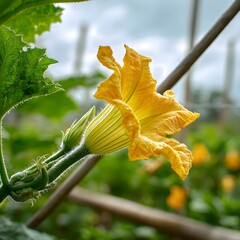 Yellow Squash Blossom Flower on Vine with Green Leaves Sunlight