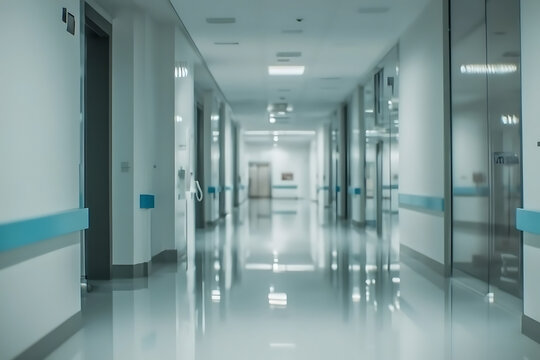 A long sterile hospital corridor with bright fluorescent lighting reflective floors and blue handrails suggesting a modern medical facility
