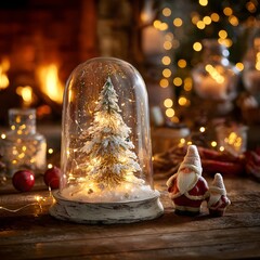 Miniature Christmas Tree in Glass Dome with Santa Figurine Display