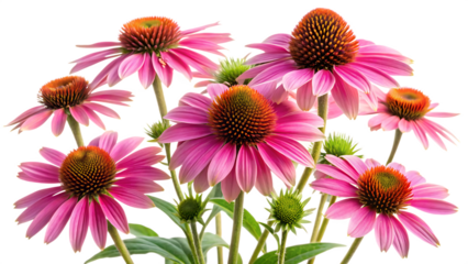 Cluster of Pink Echinacea Flowers with Brown Centers and Green Buds, cutout, PNG isolated on white or transparent background