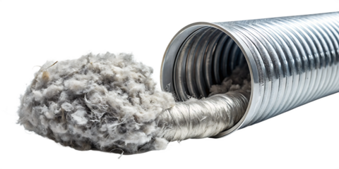 Flexible Aluminum Dryer Vent Duct Filled with Lint and Debris, cutout, PNG isolated on white or transparent background