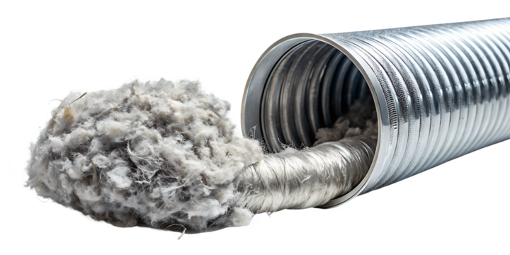 Flexible Aluminum Dryer Vent Duct Filled with Lint and Debris, cutout, PNG isolated on white or transparent background
