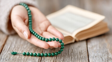 Close-up of tasbeeh rosary in hand during ashura observance with open book