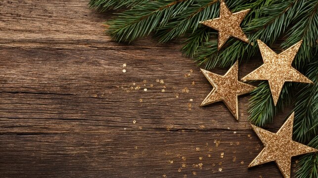 Festive holiday arrangement featuring golden stars and pine branches on rustic wooden background - Powered by Adobe