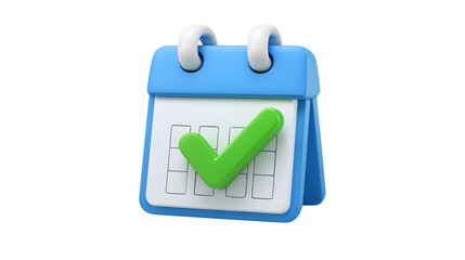 3D Calendar Icon With Green Check Mark On White Page isolated on a transparent background