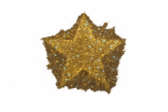 Gold glitter star featuring sparkling texture and tiny blue elements, floating on transparent background for festive design