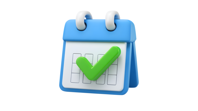 3D Calendar Icon With Green Check Mark On White Page isolated on a transparent background - Powered by Adobe