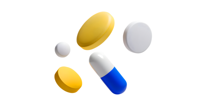 Five assorted pills and capsules floating on white background isolated on a transparent background