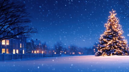 Naklejka premium A serene winter night scene featuring a beautifully lit Christmas tree amidst softly falling snowflakes