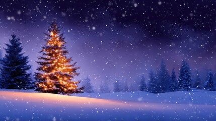 Naklejka premium A beautifully lit Christmas tree stands in a snowy landscape, surrounded by tall pines under a twilight sky