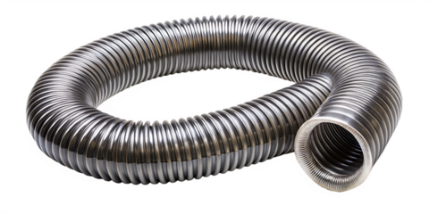 Flexible Silver Corrugated Plastic Hose Coiled, cutout, PNG isolated on white or transparent background