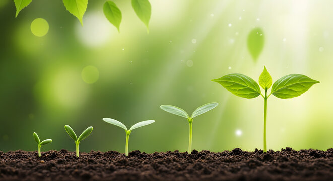 Sequence of young plants growing from soil showing stages of life and development
