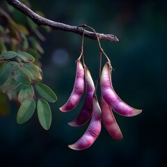 Purple Seed Pods Hanging from Branch Against Dark Blurred Background