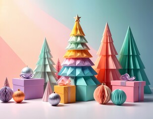 Pastel origami Christmas trees, gift boxes, and baubles in a modern festive arrangement