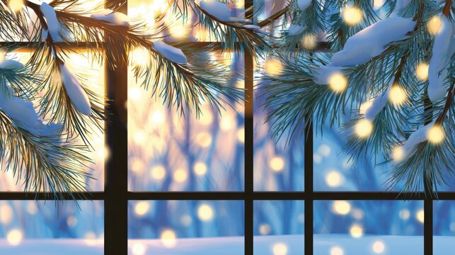 Cozy winter scene with snow-covered pine branches framing a window, warm lights glowing in the background