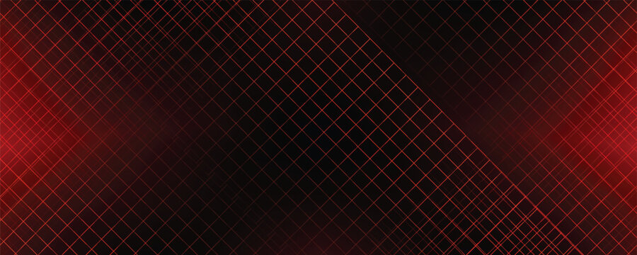 Red glowing neon wireframe background. Shining checkered diagonal grid planes in perspective. Retro futuristic depth wallpaper. Arcade game sci fi matrix surface backdrop for poster, banner. Vector