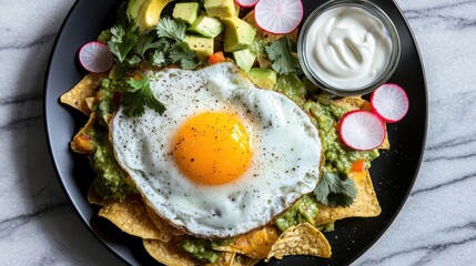 Chilaquiles verde with sunny side up egg - traditional Mexican breakfast with crispy tortilla chips, green tomatillo sauce, avocado, radish and cilantro
