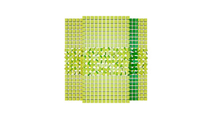 Geometric grid in lime green with dark green shadows on the right side. The central cubes are randomly rotated. Isolated on a transparent background. Abstract and minimalist decorative element.