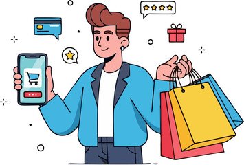 Successful Online Shopping Concept: Man Holding Mobile Phone and Retail Bags.