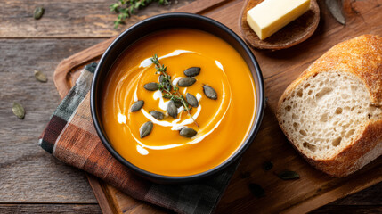 Cozy autumn evening with rustic pumpkin soup and bread arrangement
