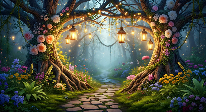 Enchanted forest path with hanging lanterns and blooming flowers fairy tale magic