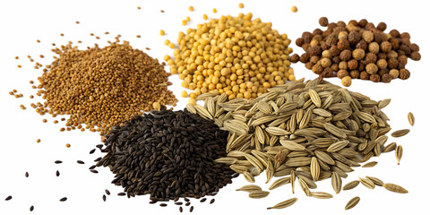 Assortment of Five Piles of Different Spices and Seeds Including Mustard Seeds Cumin and Peppercorns, cutout, PNG isolated on white or transparent background